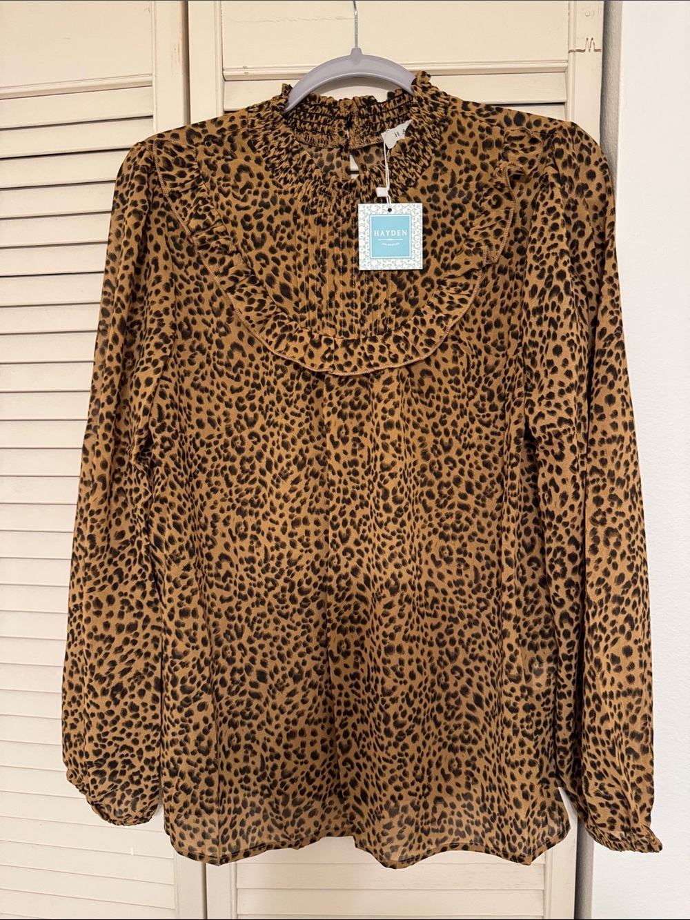 Hayden Leopard Ruffle-Neck Blouse - Tan & Black